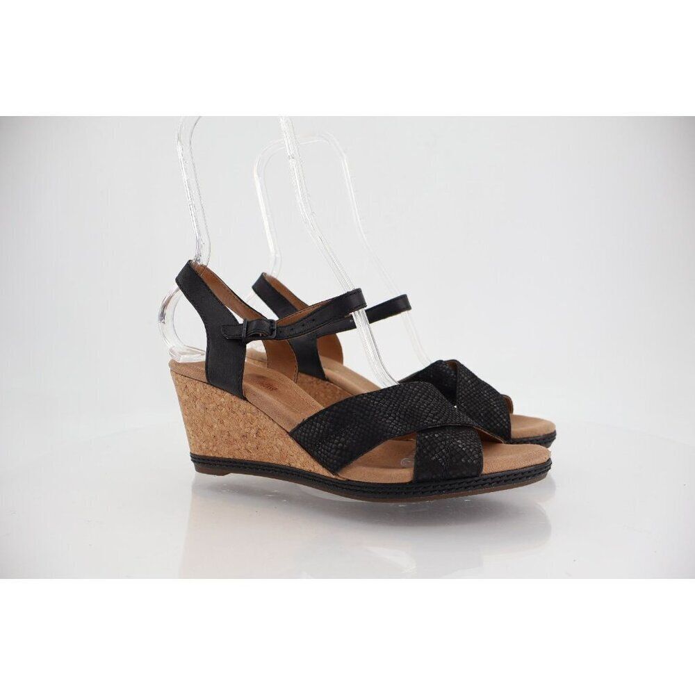 Clarks Women Helio Latitude Sandal Size 9 Black Leather Wedge Heel Ankle Strap